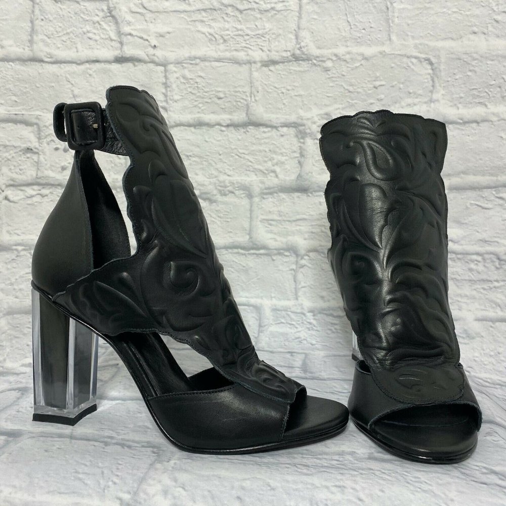 Miista Black Leather Rose Clear Black Block Heel